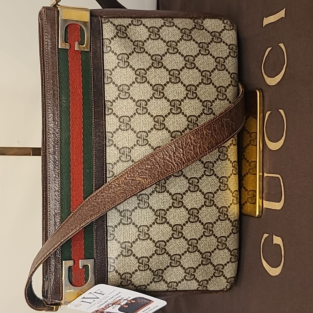 GUCCI VINTAGE 1970'S WEB SHERRY LINE COATED CANVAS/LEATHER SHOULDER BAG- RARE - Picture 5 of 17